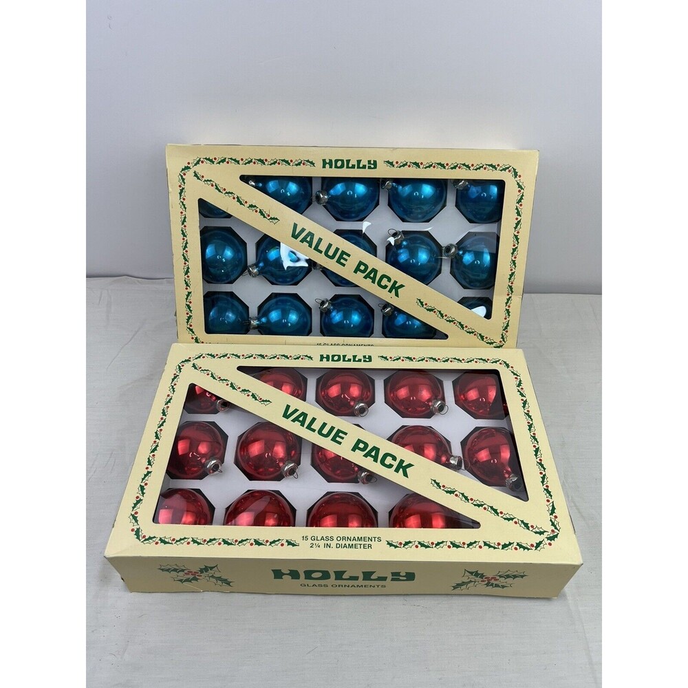 2 Pack VTG Holly Value‎ Pack 15 Glass Ornaments 2.25” Diameter Red Blue USA Made